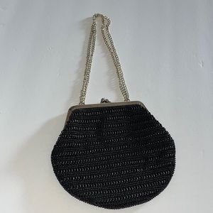 Vintage MCM Black Beaded Purse/Bag w/Gold Tone Chain Strap~Hong Kong
